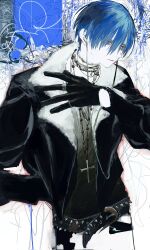  1boy belt black_belt black_gloves black_jacket blue_eyes blue_hair chain chain_necklace closed_mouth cowboy_shot cross cross_necklace earphones fur-trimmed_jacket fur_trim gloves hair_between_eyes hand_in_pocket hand_up highres jacket jewelry looking_ahead miyu_(shiyemiyu) necklace open_clothes open_jacket original punk ring short_hair solo spiked_belt 