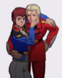  2boys amuro_ray blonde_hair blue_eyes brown_hair char's_counterattack char_aznable commentary_request earth_federation earth_federation_space_forces grin gundam hand_on_another's_face hand_on_another's_shoulder hand_on_own_hip highres holding jacket long_sleeves looking_at_viewer military_uniform mobile_suit_gundam multiple_boys neo_zeon pants scar scar_on_face short_hair simple_background smile smug torso_grab yy0880yy zeon 
