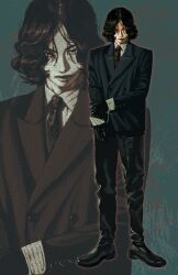  1boy ben-day_dots black_gloves black_hair black_jacket black_pants black_shoes buttons closed_mouth collared_shirt double-breasted dress_shoes empty_eyes formal_clothes full_body gloves green_background hair_over_eyes hand_on_own_wrist highres jacket kurumipan lapels looking_at_viewer male_focus necktie notched_lapels outline pants parted_hair polka_dot polka_dot_necktie print_necktie real_life red_necktie red_outline sanpaku screentones serious shirt shoes short_hair solo standing straight-on striped_clothes striped_jacket striped_shirt suit suit_jacket twitter_username vertical-striped_clothes vertical-striped_jacket wavy_hair white_shirt wing_collar yonezu_kenshi_(person) zoom_layer 