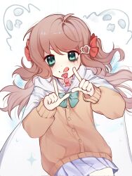  1girl :q ahoge aqua_eyes blue_skirt bow bowtie brown_hair candy cape cardigan closed_mouth cowboy_shot finger_frame floating_hair food ghost green_bow green_bowtie hair_ornament hair_ribbon hands_up heart heart_hair_ornament highres long_sleeves looking_at_viewer makeup miniskirt neuro-sama pleated_skirt red_ribbon ribbon runny_makeup sailor_collar sheet_ghost single_hair_intake skirt solo sparkle tongue tongue_out two_side_up v-shaped_eyebrows vedal_ai white_background white_cape wrapped_candy yebiyo1206 yellow_cardigan 