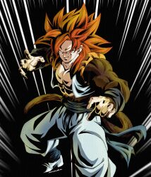  1boy absurdres blue_eyes blue_sash body_fur brown_fur dougi dragon_ball dragon_ball_gt gogeta hashtag-only_commentary highres long_hair looking_at_viewer male_focus metamoran_vest monkey_boy monkey_tail muscular muscular_male noir_illust pants pectorals red_hair saiyan sash smile solo spiky_hair super_saiyan super_saiyan_4 tail 