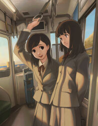  2girls against_window bag black_eyes blazer brown_hair brown_skirt commentary_request evening fluorescent_lamp jacket kado_tsukasa looking_at_another multiple_girls original red_ribbon ribbon school_bag school_uniform skirt skyline smile standing train_interior tree window 