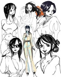  1girl belt commentary_request extra_arms falling_petals gloves hair_bun highres holding long_hair looking_to_the_side midriff multiple_views navel nico_robin one_piece petals sidelocks simple_background smile suit sunglasses tenteko_mm 