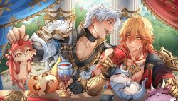  2boys absurdres anikisart antenna_hair arm_tattoo armlet armor black_choker black_coat black_gloves black_shirt blonde_hair blue_eyes braid chest_tattoo chimera_(honkai:_star_rail) choker clawed_gauntlets coat commentary cup earrings english_commentary facial_tattoo fingerless_gloves gloves gold_earrings gold_necklace gradient_hair highres holding holding_cup honkai:_star_rail honkai_(series) jewelry male_focus medium_hair multicolored_hair multiple_boys mydei_(fig_stew)_(honkai:_star_rail) mydei_(honkai:_star_rail) neck_tattoo necklace open_clothes open_coat parted_bangs pauldrons phainon_(honkai:_star_rail) phainon_(vigethos)_(honkai:_star_rail) red_hair red_tattoo shirt short_hair shoulder_armor side_braid single_glove single_pauldron sun_symbol sun_tattoo tattoo watermark white_coat white_hair yellow_eyes 