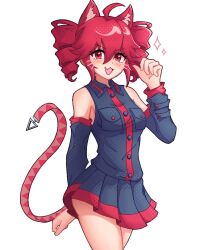  1girl :3 ahoge animal_ears black_shirt black_skirt black_sleeves blush_stickers breast_pocket breasts cat_ears cat_girl collared_shirt cowboy_shot detached_sleeves drill_hair gumitetoyuri hair_between_eyes hand_up highres kasane_teto kasane_teto_(utau) kemonomimi_mode looking_at_viewer medium_breasts miniskirt open_mouth pleated_skirt pocket polka_dot red_eyes red_hair shirt skirt sleeveless sleeveless_shirt solo sparkle standing tail_belt twin_drills twintails utau v-shaped_eyebrows 