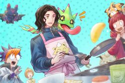  1girl 3boys animal_on_shoulder apron bat_(animal) black_hair blonde_hair blue_background blue_fire blue_hair blue_jacket brown_hair chiropmon closed_eyes cougarmon digimon digimon_(creature) digimon_beatbreak dragonwilbert fire food frying_pan gecko gekkomon highres holding holding_frying_pan jacket kuonji_makoto multicolored_hair multiple_boys orange_hair pancake pink_apron pristimon sakuya_reina sawashiro_kyo short_hair sparkling_eyes star_(symbol) tenma_tomoro two-tone_hair white_jacket 
