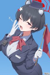 1girl absurdres animal_ears artist_name black_hat blue_archive blue_background bow bowtie dandan_(uaee4742) dated extra_ears flag garrison_cap gloves halo hat highres holding holding_flag official_alternate_costume one_eye_closed open_mouth pencil_skirt raccoon_ears raccoon_girl red_bow red_bowtie red_flag red_halo skirt tour_guide tsubaki_(blue_archive) tsubaki_(guide)_(blue_archive) walkie-talkie white_gloves yawning 