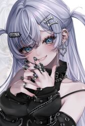  1girl arm_warmers barbed_wire black_arm_warmers black_nails blue_eyes blue_hair blush bone_hair_ornament cartoon_bone chain chain_necklace ear_chain earrings fang hair_ornament hairpin heart heart_earrings highres jewelry linked_piercing long_hair looking_at_viewer multiple_hairpins necklace piercing punk rereet_t ring shirt short_twintails simple_background skeleton_print skin_fang sleeveless smile solo strap_slip swept_bangs teeth text_hair_ornament twintails virtual_youtuber vspo! white_background y2k_fashion yano_kuromu yano_kuromu_(1st_costume) 