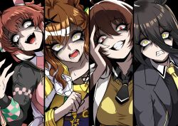  4girls absurdres agnes_tachyon_(umamusume) ahoge anger_vein animal_ears black_coat black_hoodie black_necktie black_shirt black_tube_top braid breasts brown_hair clenched_teeth coat collared_shirt constricted_pupils contrast_collar dantsu_flame_(umamusume) dot_pupils ear_covers furrowed_brow h/hg hair_between_eyes hair_ornament hairclip half_up_half_down_braid hand_on_own_face hand_up head_tilt highres hood hoodie horse_ears horse_girl jacket jungle_pocket_(umamusume) long_hair_between_eyes long_sleeves looking_at_viewer manhattan_cafe_(umamusume) medium_breasts medium_hair multicolored_hair multiple_girls nagai_negi navel necktie open_clothes open_jacket parted_lips pink_hoodie red_eyes shaded_face shirt short_necktie smile split_screen strapless sweat sweater teeth thick_eyebrows tube_top two-tone_hoodie umamusume veins veiny_arms white_hair yandere yellow_eyes yellow_jacket yellow_necktie yellow_sweater 