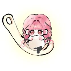  1girl :3 black_bow black_ribbon blunt_bangs bow brown_eyes chibi circle closed_mouth dripping eating fengmi_youzi_hua food_request frilled_skirt frills hair_bow hair_intakes hair_ribbon hair_spread_out highres infinity_nikki ladle light_blush long_hair looking_at_viewer low_twintails medium_skirt nikki_(nikki) nikki_(series) oversized_food oversized_object perfect_start_(infinity_nikki) pink_hair pink_skirt ribbon sidelocks skirt smile solo tress_ribbon twintails two-tone_background very_long_hair white_background yellow_background 