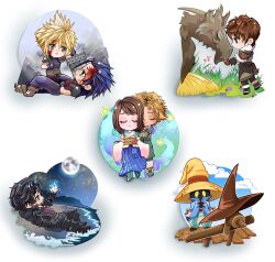  1girl 6+boys amaro_(ff14) aqua_eyes ardbert_hylfyst armor bare_shoulders beach beard belt black_armor black_cloak black_hair black_mage_(final_fantasy) black_overalls blonde_hair blood blood_on_clothes blood_on_face blue_coat blue_sky boots border brown_belt brown_boots brown_eyes brown_hair brown_hat buster_sword chibi chibi_only clive_rosfield cloak closed_eyes cloud_strife coat crisis_core:_final_fantasy_vii cross_scar crying detached_sleeves dragon dying facial_hair final_fantasy final_fantasy_ix final_fantasy_vii final_fantasy_x final_fantasy_xiv final_fantasy_xvi full_body full_moon fur-trimmed_boots fur-trimmed_coat fur_trim gradient_sleeves hair_between_eyes hair_slicked_back hat highres holding holding_sword holding_weapon hug hug_from_behind japanese_clothes long_skirt lying medium_hair moon multiple_boys nontraditional_miko ocean on_back overalls panties pants pauldrons pleated_skirt popcorncomet purple_pants purple_shirt rain red_vest scar scar_on_cheek scar_on_face seto_(ff14) shirt short_hair shoulder_armor sideburns skirt sky sleeveless sleeveless_turtleneck spiky_hair striped_clothes striped_panties suspenders sword tidus turtleneck underwear vest vivi_ornitier weapon white_border wide_sleeves wizard_hat yellow_eyes yuna_(ff10) zack_fair 