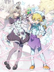  1boy 1girl antenna_hair apron beret black_dress blonde_hair blue_eyes buttons double-breasted dress full_body grey_hair hair_intakes hashtag-only_commentary hat heart_button highres holding holding_tray jett_(human)_(precure) jett_(precure) long_hair long_sleeves looking_at_viewer low_ponytail maid maid_headdress meitantei_precure! moria_luluka nownnownn pantyhose ponytail precure shoes simple_background three-quarter_sleeves tray violet_eyes waist_apron waiter white_apron white_background zoom_layer 