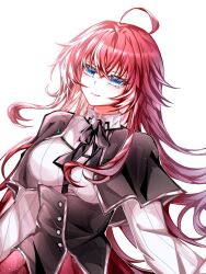  1girl ahoge ashmedes black_capelet black_ribbon blue_eyes breasts capelet high_school_dxd highres large_breasts light_smile long_hair long_sleeves looking_at_another neck_ribbon red_hair rias_gremory ribbon simple_background solo underbust upper_body white_background 