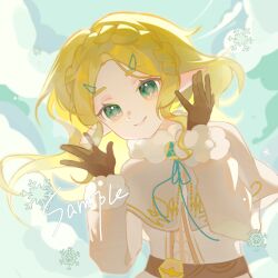  blonde_hair braid brown_gloves capelet clouds dot_nose eyelashes floating_hair fur_trim gloves green_eyes green_sky hair_ornament hairpin liu_letian long_hair long_sleeves looking_at_viewer outdoors princess_zelda sky smile snowflakes square the_legend_of_zelda upper_body white_capelet winter 