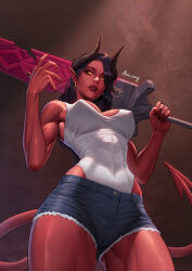  1girl akio_sang artist_name black_hair breasts colored_sclera colored_skin covered_abs covered_nipples cowboy_shot demon_girl demon_horns demon_tail denim denim_shorts dispatch earrings eyelashes fingernails from_below gold_earrings hair_over_one_eye highres holding holding_sword holding_weapon horns jewelry large_breasts leotard leotard_under_clothes long_hair looking_at_viewer malevola_(dispatch) muscular muscular_female nail_polish parted_lips prehensile_tail red_lips red_skin sharp_fingernails short_shorts shorts solid_eyes sword tail thick_thighs thighs veins veiny_arms weapon white_leotard yellow_sclera 