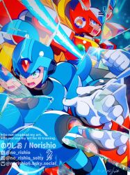  2boys arm_cannon armor blonde_hair blue_armor blue_eyes blue_helmet broken_glass chest_jewel commentary cowboy_shot energy_sword forehead_jewel glass helmet highres holding holding_sword holding_weapon long_hair mega_man_(series) mega_man_x_(series) multiple_boys no-rishio red_armor red_helmet sword untranslatable_commentary weapon x_(mega_man) z_saber zero_(mega_man) 