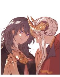  2girls blonde_hair blue_eyes cape closed_eyes collared_cape commentary couple detached_collar double_bun edelgard_von_hresvelg fake_horns female_byleth_(fire_emblem) fire_emblem fire_emblem:_three_houses forehead-to-forehead from_side green_hair hair_between_eyes hair_bun hair_up hand_on_another's_hand headpiece heads_together highres horns jewelry marriage_proposal moenoame multiple_girls parted_lips red_cape ring shade smile upper_body wavy_hair white_background yuri 