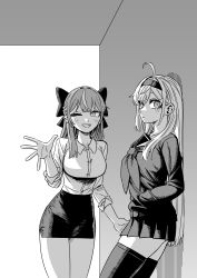  2girls absurdres against_wall ahoge blush bow breasts chobeog collared_shirt commentary dress_shirt fang greyscale hair_behind_ear hair_bow hairband hand_in_pocket highres jingburger jururu korean_commentary large_breasts long_hair long_sleeves looking_at_viewer miniskirt monochrome multicolored_hair multiple_girls neckerchief office_lady one_eye_closed open_mouth pencil_skirt pleated_skirt school_uniform serafuku shirt shirt_tucked_in skirt smile streaked_hair sweatdrop thigh-highs virtual_youtuber waktaverse waving zettai_ryouiki 