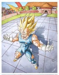  6+boys 6+girls arena blonde_hair blue_bodysuit bodysuit boots border crowd dragon_ball dragon_ball_z facial_mark forehead_mark full_body gloves green_eyes highres majin_vegeta male_focus multiple_boys multiple_girls muscular muscular_male renatt_(rntt_o) shadow signature smirk solo_focus spiky_hair standing super_saiyan vegeta white_boots white_border white_gloves 