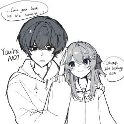  +_+ 1boy 1girl :3 ahoge arm_around_shoulder bags_under_eyes black_hair blush bow bowtie cardigan closed_mouth crossed_bangs drawstring english_text hair_between_eyes hair_ornament hair_ribbon hand_on_another's_head heart heart_hair_ornament highres hood hoodie looking_at_another looking_at_viewer monochrome neuro-sama parted_lips ribbon sailor_collar short_hair simple_background speech_bubble sweatdrop two_side_up upper_body vedal987 vedal_ai white_background yebiyo1206 