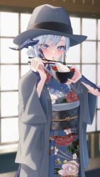  1girl au_ra black_haori blue_eyes blue_hair blue_kimono blue_nails bowl bowler_hat commentary_request dragon_girl dragon_horns dragon_tail eating final_fantasy final_fantasy_xiv floral_print floral_print_kimono food haori hat highres holding holding_bowl horns japanese_clothes khr_39 kimono looking_at_viewer mochi obi print_kimono sash scales shouji signature sliding_doors solo tail warrior_of_light_(ff14) zouni_soup 