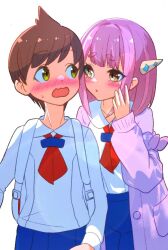  1boy 1girl arched_bangs blueberry_academy_school_uniform blush brown_eyes brown_hair cardigan collared_shirt eyelashes florian_(pokemon) gloves hair_ornament hairclip highres kakk_e lacey_(pokemon) long_sleeves open_clothes open_mouth pants pink_hair pokemon pokemon_sv red_gloves school_uniform shirt short_hair smile white_shirt yellow_eyes 