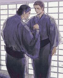  2boys adjusting_clothes ahoge beard black_hair blush brown_hair dojima_daigo facial_hair hair_slicked_back highres japanese_clothes kimono male_focus mine_yoshitaka mullet multiple_boys obi ryuu_ga_gotoku_(series) ryuu_ga_gotoku_3 sash sliding_doors tyag53 yukata 