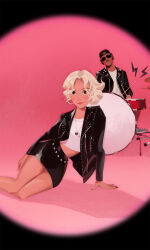  1boy 1girl absurdres apt._(rose_&amp;_bruno_mars) black_jacket black_nails black_skirt blonde_hair bruno_mars crop_top drum drum_set drumsticks facial_hair hat highres holding holding_drumsticks instrument jacket jewelry korean_commentary leather leather_jacket leepix_x looking_at_viewer mustache necklace rose_(blackpink) shirt sidelocks sitting skirt sunglasses white_shirt 