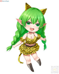1girl :d absurdres animal_ears animal_print bare_shoulders boots braid breasts chibi choker cleavage commission commissioner_upload cosplay elf euphemy_sylvaine fake_animal_ears full_body green_eyes green_hair hair_between_eyes highres horns large_breasts long_hair looking_at_viewer lori_hagami lum lum_(cosplay) official_art open-mouth_smile open_mouth pointy_ears print_skirt qr_code simple_background skirt smile solo tail tiger_ears tiger_print tiger_tail twin_braids urusei_yatsura very_long_hair ways_of_darkness_(series) white_background yellow_skirt