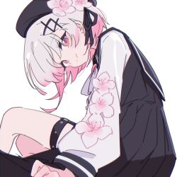  1girl beret black_hat brooch commentary_request dress facing_to_the_side gradient_hair hair_ornament hat highres jewelry legband legs long_sleeves looking_at_viewer mahou_shoujo_no_majo_saiban multicolored_hair pink_eyes sakuraba_ema simple_background solo thigh_strap waipiiy white_background x_hair_ornament 