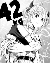  1girl :> ahoge belt cleavage_cutout clothing_cutout commentary_request demon_horns flexing greyscale hatching_(texture) heart heart_ahoge highres hizuki_kanon horns indie_virtual_youtuber lee_(dragon_garou) lightning monochrome neck_ribbon open_mouth pointy_ears ribbon smile solo toned toned_female two_side_up upper_body virtual_youtuber weight 