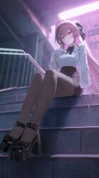  1girl absurdres black_bow black_pantyhose black_ribbon black_shoes black_skirt blurry blurry_background bow breasts commentary crossed_bangs depth_of_field ff_01 full_body hair_bun hair_ribbon high_heels highres long_hair looking_at_viewer medium_breasts pantyhose pencil_skirt platform_heels purple_hair railing ribbon shirt shoes single_hair_bun sitting sitting_on_stairs skirt solo stairs very_long_hair violet_eyes white_shirt 