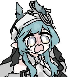  1girl arknights arknights:_endfield bare_shoulders black_gloves black_hat blue_hair detached_sleeves double-parted_bangs dragon_horns gloves grape_(grayp) grey_background grey_eyes grey_horns hair_ornament hat high_collar horns jaggy_lines long_hair long_sidelocks lowres multicolored_eyes nervous open_mouth pointy_ears portrait scared sidelocks simple_background single_glove solo swept_bangs tears thick_eyelashes two-tone_eyes upper_body wavy_mouth white_background worried xaihi_(arknights) yellow_eyes 