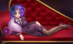  1girl alternate_skin_color blue_eyes blue_hat blush breasts brown_pantyhose collared_shirt commentary couch curly_hair english_commentary eyelashes formal_clothes full_body grin hand_on_own_hip hat high_heels highres jacket lips long_hair long_sleeves looking_at_viewer lying medium_breasts medium_skirt my_little_pony my_little_pony:_equestria_girls my_little_pony:_friendship_is_magic nail_polish necktie office_lady on_couch on_side pantyhose patreon_username pencil_skirt pillow purple_jacket purple_necktie purple_shoes purple_skirt racoon-kun raised_inner_eyebrows rarity_(equestria_girls) rarity_(my_little_pony) reclining scene_reference see-through_clothes see-through_veil shirt shoes skirt sleeves_past_wrists smile solo tsurime unicorn_girl unicorn_horn veil web_address white_shirt 