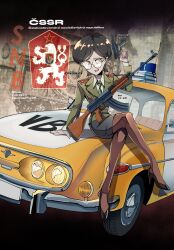  1girl absurdres arm_up assault_rifle belt black_shirt black_shoes brown_belt brown_jacket brown_pantyhose car cold_war collared_shirt czech_text czechoslovak_army czechoslovakia finger_on_trigger full_body glasses green_necktie gun heraldry high_heels highres holding holding_gun holding_weapon jacket lapels long_sleeves looking_at_viewer monochrome_background motor_vehicle necktie nico_jiang notched_lapels official_art on_car open_mouth pantyhose police police_car police_uniform policewoman red_star rifle round_eyewear shirt shoes shoulder_boards sitting sitting_on_object skorpion_vz._61 star_(symbol) submachine_gun tatra tatra_t613 tsurime vz._58 we_love_cold_war weapon yellow_car 