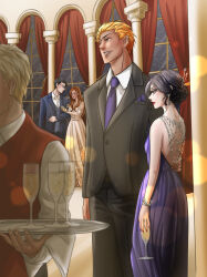  2girls 3boys absurdres backless_dress backless_outfit black_hair bleach blonde_hair butler buttons collared_shirt cup dress drinking_glass grey_vest hair_bun hair_ornament hair_stick highres holding holding_tray indoors inoue_orihime ishida_uryuu jacket kuchiki_rukia kurosaki_ichigo lipstick long_hair makeup multiple_boys multiple_girls necktie non-web_source orange_hair original party purple_necktie red_lips red_vest royalucyrukia shirt short_hair shoulder_blades suit tray vest window 