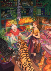  2girls :3 aged_up animal animal_ears animal_focus animal_on_head animal_on_shoulder animal_print baguette bakery basket black_cat boots bread bread_bun brown_cat calico_(pattern) calico_cat cash_register cat cat_ears cat_on_head cat_tail clip_studio_paint_(medium) commentary commission croissant display_case drink_carton food food_art food_packaging ghost groceries grocery_store hair_bun highres loaf_of_bread looking_at_animal milk_carton muffin multiple_girls norapotwora old old_woman on_head original pastry petting red_hair shelf shop shopping shopping_basket single_hair_bun slice_of_life stocking_shelves store_clerk storefront tail tiger tiger_print tongs vegetable when_you_see_it whiskers white_cat wrinkled_skin 