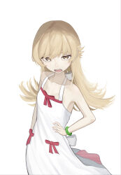  1girl absurdres blonde_hair bow chest_bow child choppy_bangs collarbone commentary_request cowboy_shot dress dress_bow flat_chest hair_between_eyes halter_dress halterneck hand_on_own_hip highres howe_(howe_lib) jade_bracelet long_hair looking_at_viewer looking_up monogatari_(series) open_mouth oshino_shinobu sanpaku solo teeth white_background white_dress 
