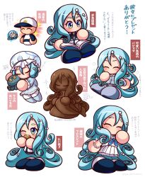  1boy 1girl absurdres aqua_hair aqua_hat aqua_pajamas awase_marina baseball_cap baseball_uniform blue_eyes blue_jacket blue_shoes book bracelet chibi closed_eyes commentary_request curly_ends food hat heart highres holding holding_book holding_food holding_stuffed_toy jacket jewelry jikkyou_powerful_pro_yakyuu jikkyou_powerful_pro_yakyuu_(style) long_hair mermaid monster_girl multicolored_eyes multicolored_jacket multicolored_shoes multiple_views no_mouth open_book pajamas pants parmesan_(zan_parmesanne) pearl_bracelet pearl_hair_ornament power_pro_appli power_pro_kun rayman_limbs sailor_collar school_uniform shirt shoes skirt sparkle spoken_character sportswear statue stuffed_animal stuffed_octopus stuffed_toy taiyaki track_jacket translation_request two-tone_shoes wagashi white_jacket white_pants white_sailor_collar white_shirt white_shoes white_skirt wooden_statue yellow_eyes 