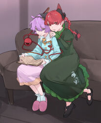  2girls animal_ear_fluff animal_ears black_bow black_hairband black_shoes blue_shirt book bow braid cat_ears cat_girl commentary_request couch dress extra_ears frilled_dress frills green_dress hair_bow hairband hands_on_another's_shoulders heart highres holding holding_book kaenbyou_rin komeiji_satori long_hair multiple_girls pink_skirt pink_slippers pointy_ears red_hair shirt shoes sitting skirt slippers socks takoyaki5221 third_eye touhou white_socks 