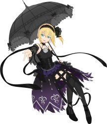  1girl artist_request black_choker black_dress black_hairband black_shoes black_thighhighs black_umbrella blonde_hair blue_eyes choker dress edna_(tales) full_body game_cg hair_ornament hair_ribbon hairband highres holding holding_umbrella looking_at_viewer medium_hair official_alternate_costume official_art open_mouth ribbon shoes side_ponytail smile solo tales_of_(series) tales_of_asteria tales_of_zestiria thigh-highs third-party_source transparent_background umbrella 