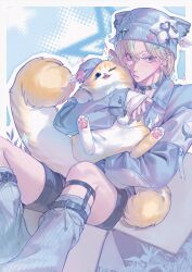  1boy absurdres animal beanie black_shorts blonde_hair blue_eyes blue_hat blue_jacket blue_leg_warmers cat cat_tail closed_mouth commentary ear_piercing hair_ornament hairclip hat hat_ornament highres holding holding_animal holding_cat jacket k-pop kemonomimi_mode leg_warmers legwear_garter long_sleeves looking_at_viewer lying male_focus medium_hair noah_(plave) on_back orange_cat pierced_hat piercing plave sangniku45 shorts silver_choker solo star_(symbol) star_hat_ornament tail tenshi_kaiwai untranslatable_commentary 