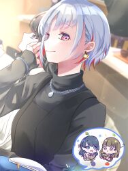  4girls :d black_sweater blue_eyes blue_hair braid brown_dress brown_hair center-flap_bangs chain chain_necklace chibi chibi_inset closed_mouth commentary dress earrings grey_hair hands_clasped_in_delight hashtag-only_commentary hasu_no_sora_school_uniform highres indoors jewelry kachimachi_kosuzu link!_like!_love_live! long_sleeves looking_at_viewer love_live! multicolored_hair multiple_girls murano_sayaka neckerchief necklace open_mouth own_hands_together pink_eyes profile red_neckerchief red_streaks sailor_collar sailor_dress sakari_(pear_8_ll) school_uniform short_hair side_ahoge side_braids sleeves_past_wrists smile solo_focus spoken_character star_(symbol) star_earrings streaked_hair sweater teardrop_necklace turtleneck turtleneck_sweater virtual_youtuber white_sailor_collar winter_uniform yugiri_tsuzuri yugiri_tsuzuri_(post-graduation) 