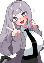  :d absurdres arched_bangs black_bow black_necktie black_skirt blue_eyes blunt_bangs blush bow breasts cardigan center-flap_bangs clenched_hand collared_shirt commentary_request dutch_angle flying_sweatdrops hair_bow happy head_tilt highres huge_breasts long_hair long_sidelocks looking_at_viewer necktie oimotororo1116 open_cardigan open_clothes original pleated_skirt portrait purple_cardigan purple_hair school_uniform shirt sidelocks signature simple_background skirt smile straight_hair tachibana_(oimotororo1116) thick_eyelashes tucking_hair upper_body v white_background white_shirt 