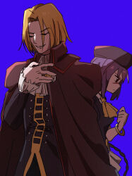  1boy 1girl ascot blonde_hair blush bracelet braid brown_cloak cape clenched_hand cloak closed_eyes collar formal_clothes gold_bracelet grandfather_and_granddaughter hand_on_own_chest highres jewelry long_hair long_sleeves melty_blood miniskirt moyosan night_of_wallachia purple_hair short_hair single_braid sion_eltnam_(type-moon) sion_eltnam_atlasia skirt smile tsukihime vampire very_long_hair violet_eyes yellow_ascot 