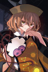  1girl black_hat breasts brown_hair brown_hat commentary_request constellation constellation_print detached_sleeves drum green_skirt hair_between_eyes hand_on_own_chin hat highres holding instrument katsuragi_atori long_hair long_sleeves looking_at_viewer matara_okina open_mouth orange_sleeves orange_tabard shirt skirt smile solo sun_print sun_symbol tabard teeth touhou tsuzumi white_shirt wide_sleeves yellow_eyes 