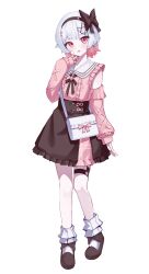  1girl absurdres black_hairband black_shoes black_skirt book_off center_frills clothing_cutout collared_shirt frilled_shirt frilled_skirt frills full_body hair_ornament hairband hand_up hashtag-only_commentary highres long_sleeves looking_at_viewer mahou_shoujo_no_majo_saiban masiiiiiiro miniskirt multicolored_hair neck_ribbon o-ring o-ring_thigh_strap official_alternate_costume pink_eyes pink_hair pink_shirt ribbon sakuraba_ema shirt shoes short_hair shoulder_cutout simple_background skirt smile socks solo standing thigh_strap white_background white_bag white_hair white_socks x_hair_ornament 