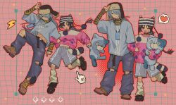  2boys :3 :d :o absurdres alternate_costume alternate_hairstyle animal_ear_headwear arrow_(symbol) bandaid bandaid_on_face bandaid_on_nose beanie belt belt_collar black_belt black_collar black_hair black_hat black_nails black_shirt blue_eyes blue_hair blue_shirt blush boots braid brown_boots brown_hat brown_shoes cellphone cellphone_strap closed_mouth collar collarbone contemporary contrapposto cursor denim diamond_print fashion full_body fur-trimmed_headwear fur-trimmed_shorts fur_trim grey_shorts grid_background groin hair_over_one_eye halftone hand_on_own_head happy hat heart highres holding holding_stuffed_toy houjou_tokiyuki_(nige_jouzu_no_wakagimi) jeans knee_cutout kneehighs lace-up_boots leg_up lightning_bolt_symbol locked_arms long_hair long_sleeves looking_at_viewer loose_socks low_ponytail male_focus midriff_peek multiple_boys multiple_views nail_polish navel nige_jouzu_no_wakagimi one_eye_closed one_eye_covered open_mouth outline pants parted_bangs phone pink_background pink_sweater pixel_art pom_pom_(clothes) pom_pom_beanie ponytail red_outline salute scar scar_on_stomach shirt shirt_under_shirt shoes shorts sidelocks_tied_back single_braid smile socks spoken_heart standing standing_on_one_leg star_(symbol) striped_clothes striped_hat striped_shirt stuffed_animal stuffed_toy surprised sweater teddy_bear thick_eyebrows torn_clothes torn_jeans torn_pants two-finger_salute two-tone_sweater ushanka violet_eyes wallet_chain white_hat white_socks white_sweater wolf_cut xiao_(creation0528) y2k_fashion yellow_shirt 