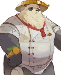  1boy absurdres animal_ears closed_mouth commentary frying_pan furry furry_male gold_wristwatch hashtag-only_commentary highres looking_at_viewer male_focus mmm1869015 pan_yinhu pan_yinhu_(culinary_jewel) panda_boy panda_ears shirt smile untranslatable_commentary white_background white_shirt zenless_zone_zero 