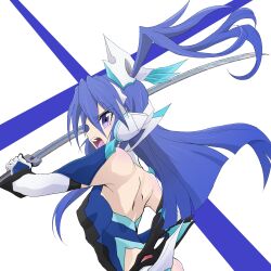  1girl bare_back blue_background blue_eyes blue_hair bodysuit breasts commentary_request floating_hair gloves hair_ornament highres holding holding_sword holding_weapon katana kazanari_tsubasa long_hair one_side_up open_mouth senki_zesshou_symphogear shouting simple_background small_breasts solo sword two-tone_background upper_body user_ruwa7424 very_long_hair weapon white_background white_gloves 